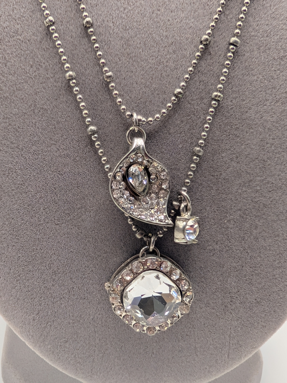 Vintage VCLM Double Strand Rhinestone Crystal Pendant Necklace Silver Tone